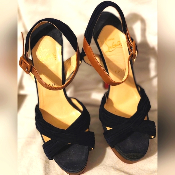 Christian Louboutin Suede Chouquette 160 Platform Sandals, Navy Blue, Size 8.5 - Picture 4 of 9